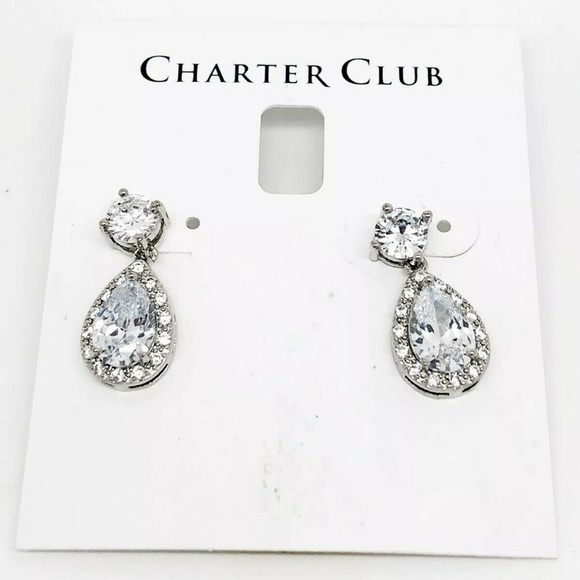 Charter Club Silver Clear Crystal Teardrop Earring - Picture 1 of 4